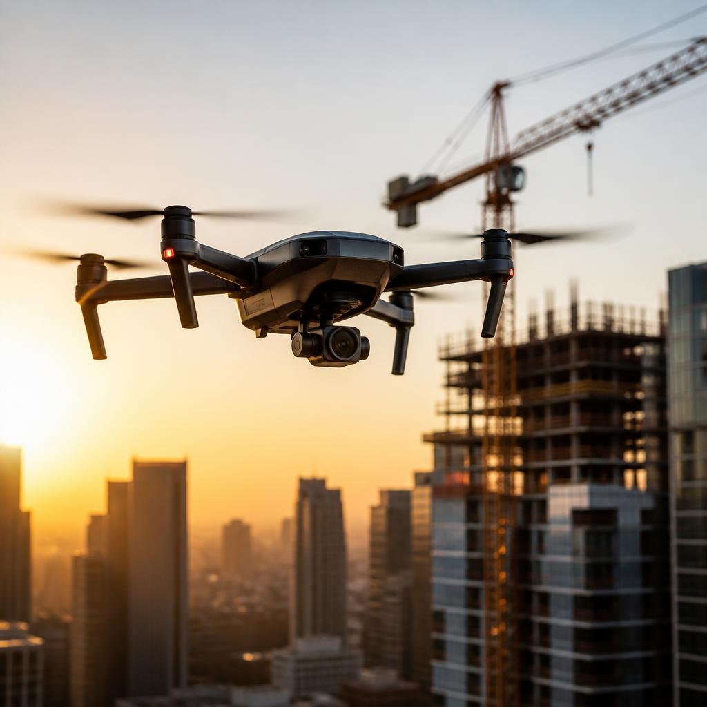 Drone profissional sobrevoando obra com guindaste e skyline ao entardecer